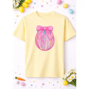Pink Bow Ombre Colorful Egg Easter Sequin Patch Tshirt