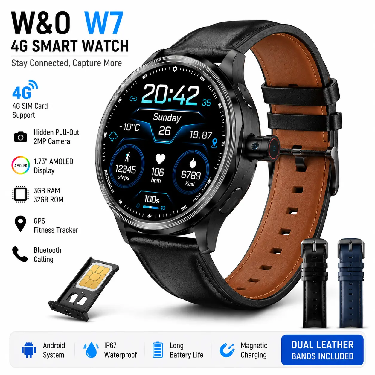 W&O W7 4G Smart Watch for Men Women, 1.73" AMOLED Display Smartwatch with SIM Card Support, Hidden Pull-Out 2MP Camera, 3GB+32GB Storage, GPS Fitness Tracker, Bluetooth Calling, Dual Leather Bands Included
