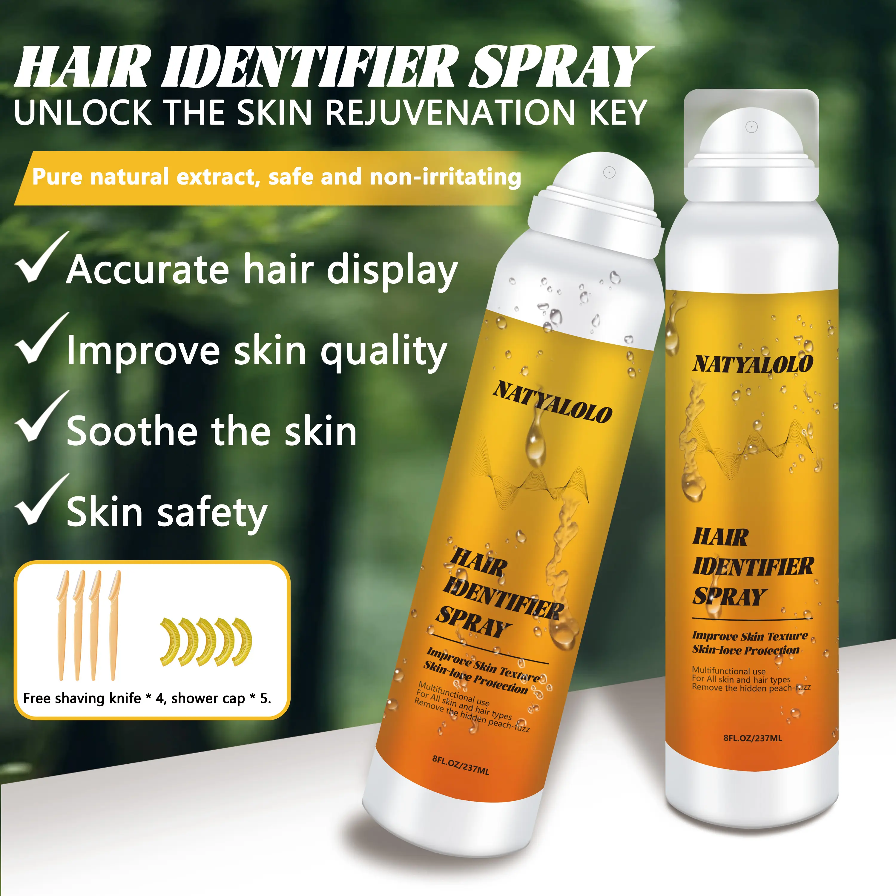 Gentle Exfoliating Hair Removal Spray Kit (8 fl oz/237ml), Natural Plant Extracts Soothing Moisturizing Formula for All Skin Types, Includes 4 Razors & 5 Shower Caps, 250G Even Application Cosmetic Set