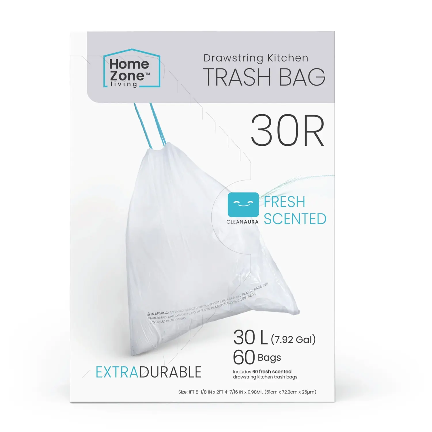 Home Zone Living Code 30R Drawstring Kitchen Trash Bags Custom Fit for 8-Gal Recycling Bins, 60-Count