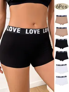 Women's Letter Print Briefs Panties Set, Womenswear, Soft Elastic Comfort Low Waist Underwear, Pack of 6, Perfect for Daily Wear