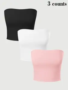 2026 Trending 3 Pack Strapless Crop Tops for Women, Solid Color Tube Tops, Casual Sleeveless Cropped Tees, Comfortable Stretch Streetwear