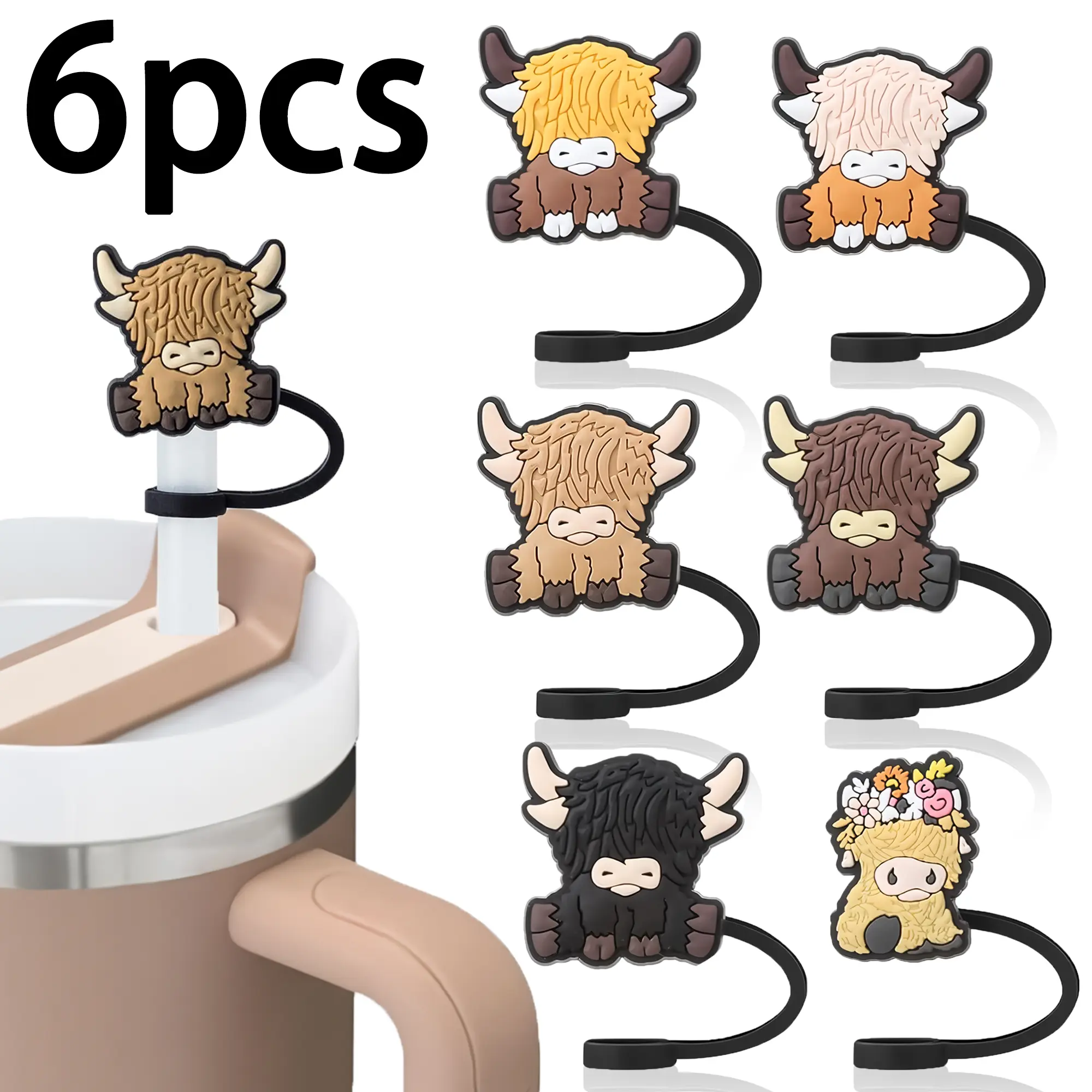 6-Piece Mountain Cow Straw Caps Set, Reusable Silicone Cartoon Cow Straw Stoppers, Straw Covers, Drinkware Accessories for 10mm Straws, Party Decorations and Cup Accessories, Drinking Gadgets