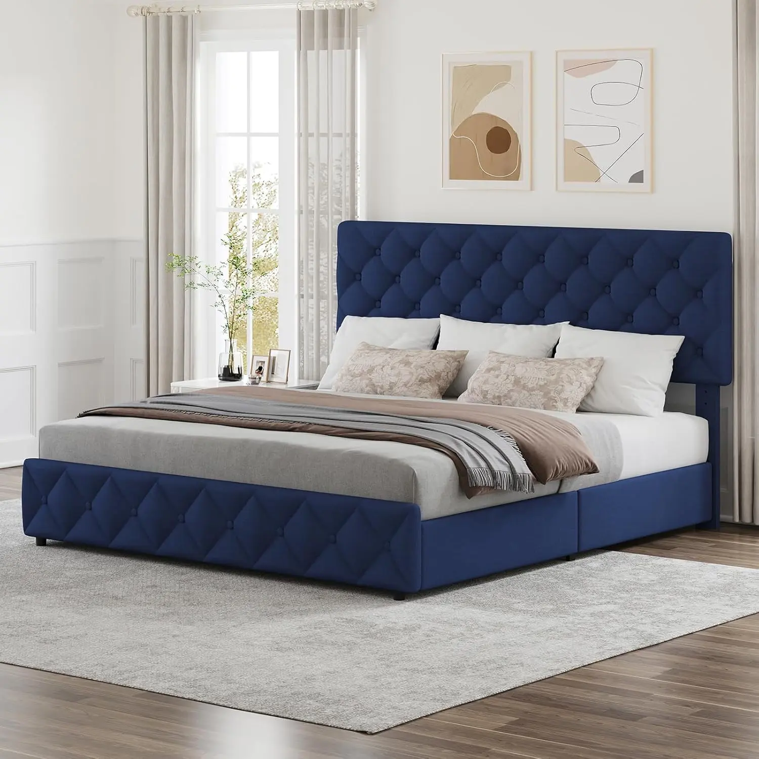 【Christmas Gift】King Size Durable Linen Upholstery Wood Storage Bed Frame, Silent Secure 4-Wheeled Drawers, 42"-46" High Adjustable Headboard, Diamond Stitched Button Tufted, No Box Spring Needed, Blue