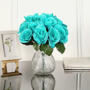 12" Turquoise Velvet-Like Artificial Rose Bouquet, Decorative Floral Arrangement