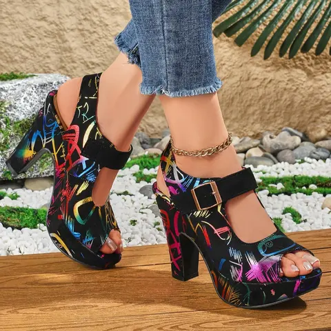 Women's Pop Art Print Peep Toe High Heel Sandals, Valentine's Gifts for Her, Casual Versatile Buckle Decorated Sandals for Summer, Cool Sandals