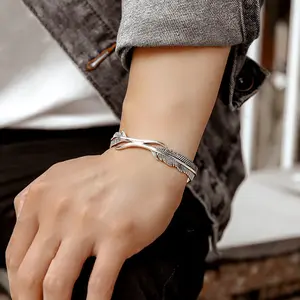 Thai silver double feather bracelet open feather leaf bracelet couple bracelet ladies hand jewelry
