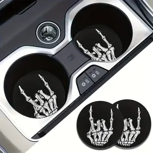 [Absorbent Coaster] Skull Finger Pattern Car Coaster | 2pcs | Absorbent | Cup Holder Mat | for Car Interior and Home Use | Car Interior Accessory