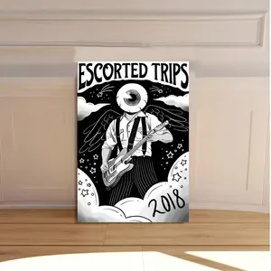 1pc Frameless Black & White "Escorted Trips" Music Festival Zine Cover Wall Art - 12x18 Inch Guitar & Eyeball Character Design, Retro 2018-Themed Canvas Print for Bars, Offices, Bedrooms - Indie Music Fan Gift, Wall Banner, Stickers Muraux
