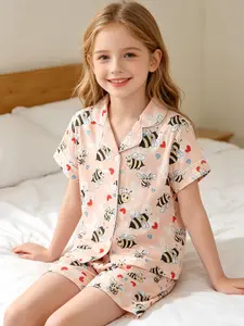 Girls' Cartoon Bee Pajama Set, Short Sleeve Loose-Fit, All Seasons, Contrast Binding, Elastic Fabric, Fire-Resistant Material
