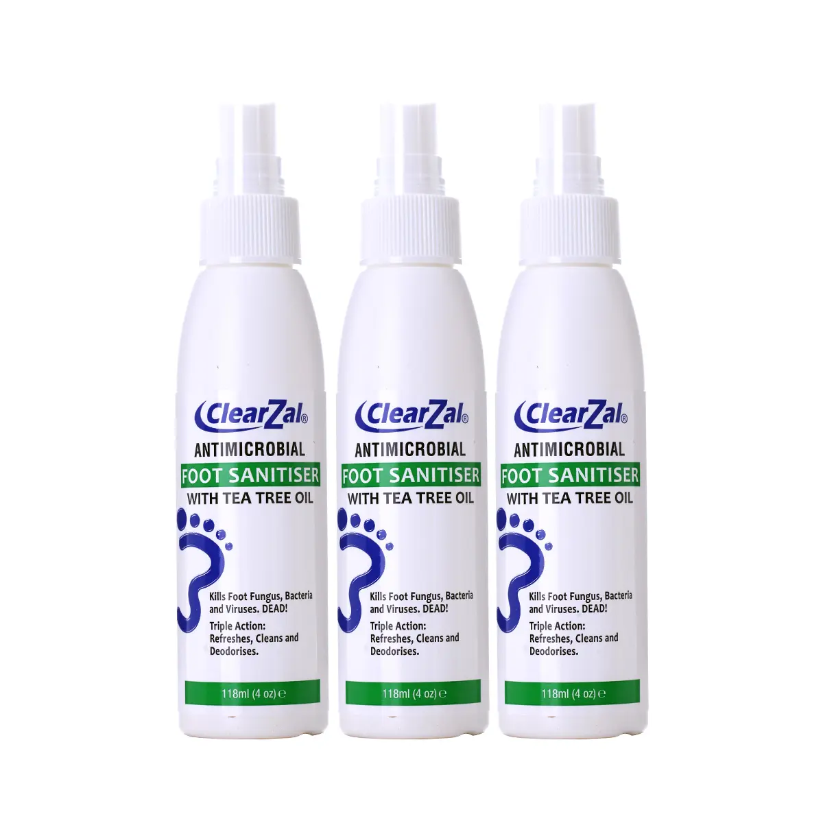 ClearZal Foot Sanitizer Spray with Tea Tree Oil, 4-Ounce 3 pieces Bottle Long-lasting disinfectant and antibacterial spray Long-lasting antibacterial effect to keep fresh  Tinea pedis, fungal infection, burning, itching, dandruff 3 packages