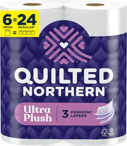 Ultra Plush Toilet Paper, 6 Mega Rolls = 24 Regular Rolls, 3X Thicker*, 3 Ply Soft Toilet Tissue