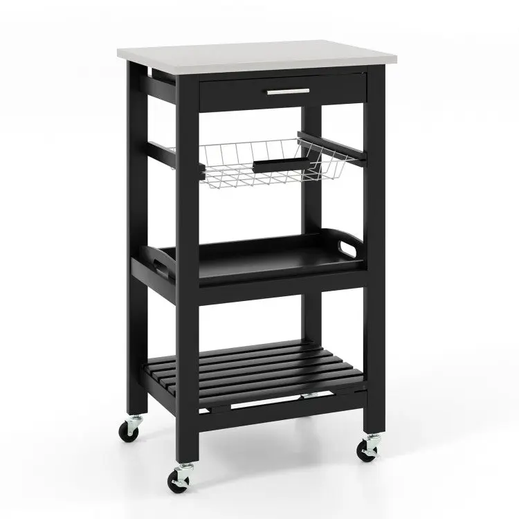 Rust-Resistant 4-Layer Rolling Cart with Lock Caster - Stainless Steel Tabletop, Storage Basket, Waterproof Shelf, Slide Organizer, Simple Construction - Compact Home Supplies Kitchen Organizer, Countertop Extension, Vintage Simple