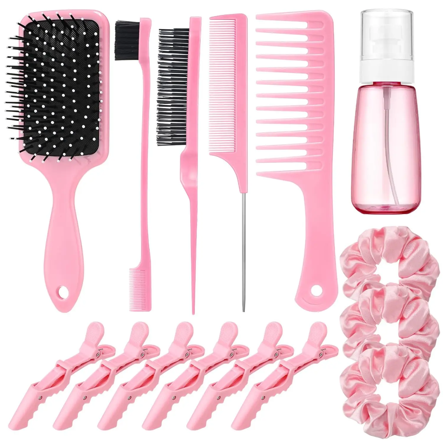 Unisex 15-Piece Haircare Slick Back Styling Kit - Bristle Tool, Spray Bottle, Hair Clip, Edge Groomer (Pink), Grooming, 100Ml, All Hair