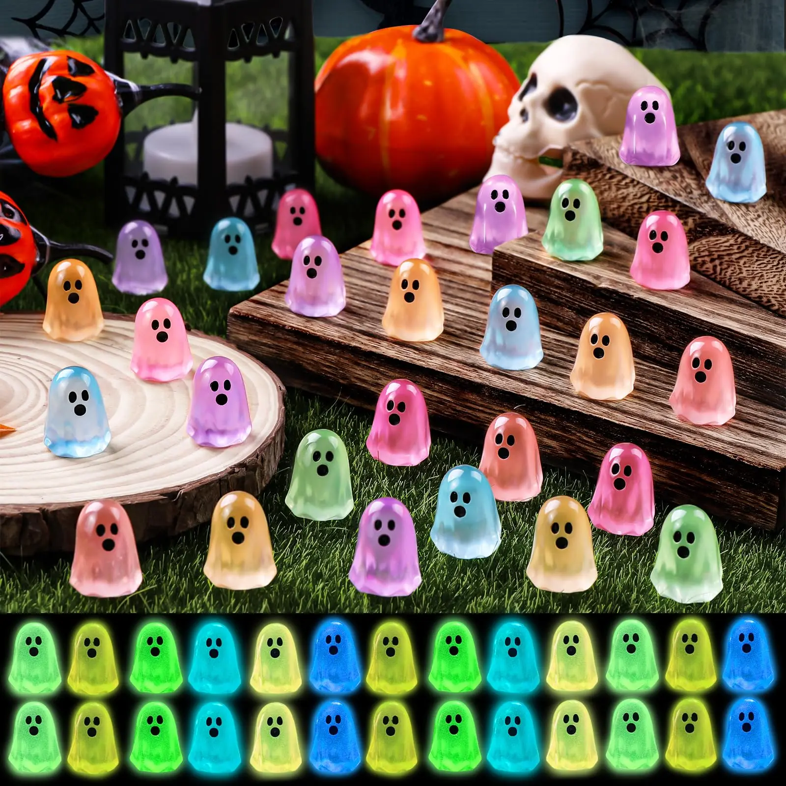 30/60pcs Mini Ghosts Figures, Luminous Small Little Resin Ghost Figurines to Hide Glow in The Dark Tiny Statue for  Thanksgiving Party Favors Dollhouse Decorations Toys