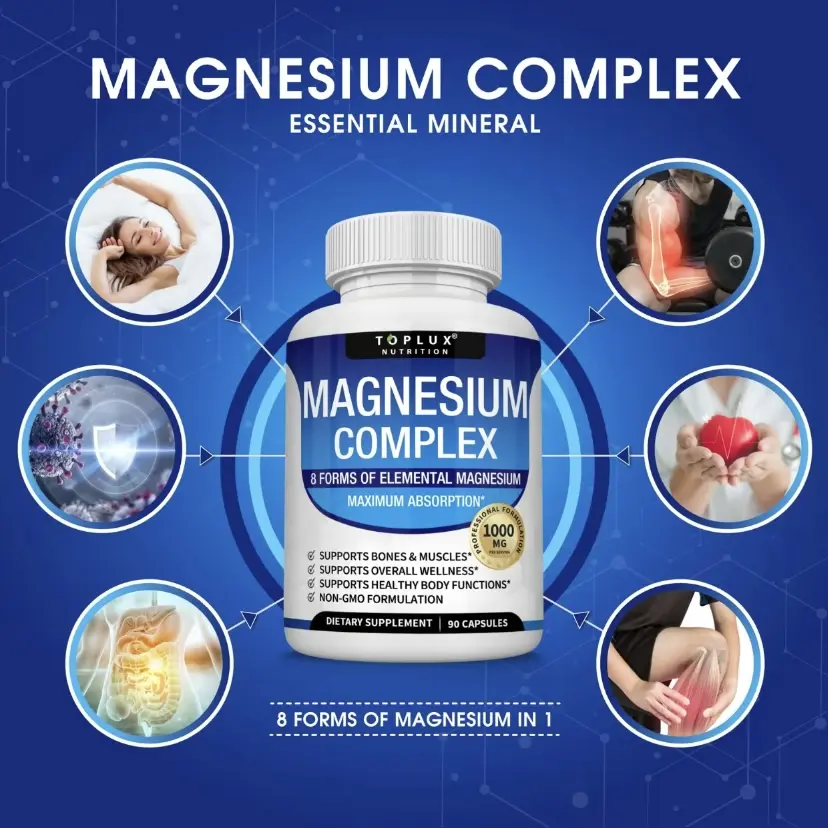 Flash Sale: TopLux Nutrition Chelated Magnesium Complex 1000mg Capsules (1 Bottles, 90 Count) with 7 Elemental Sources (Malate, Taurate) - Men's Healthcare Dietary Supplement for Fitness, Muscle & Sleep Support