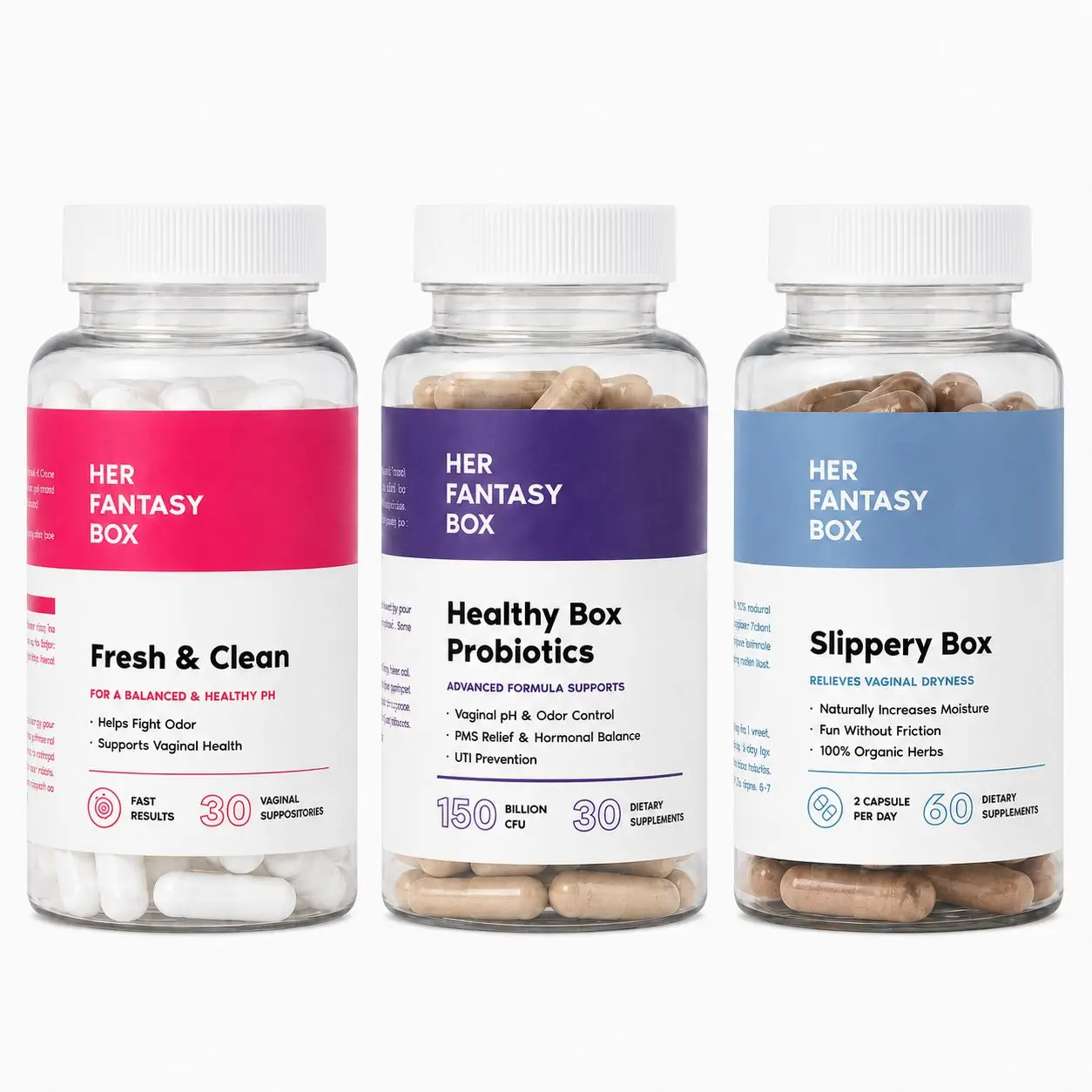 Ultimate Feminine Health Trio: Odor Control Probiotics, Extra Moisture Capsules & pH Boric Acid Kit - Her Fantasy Box