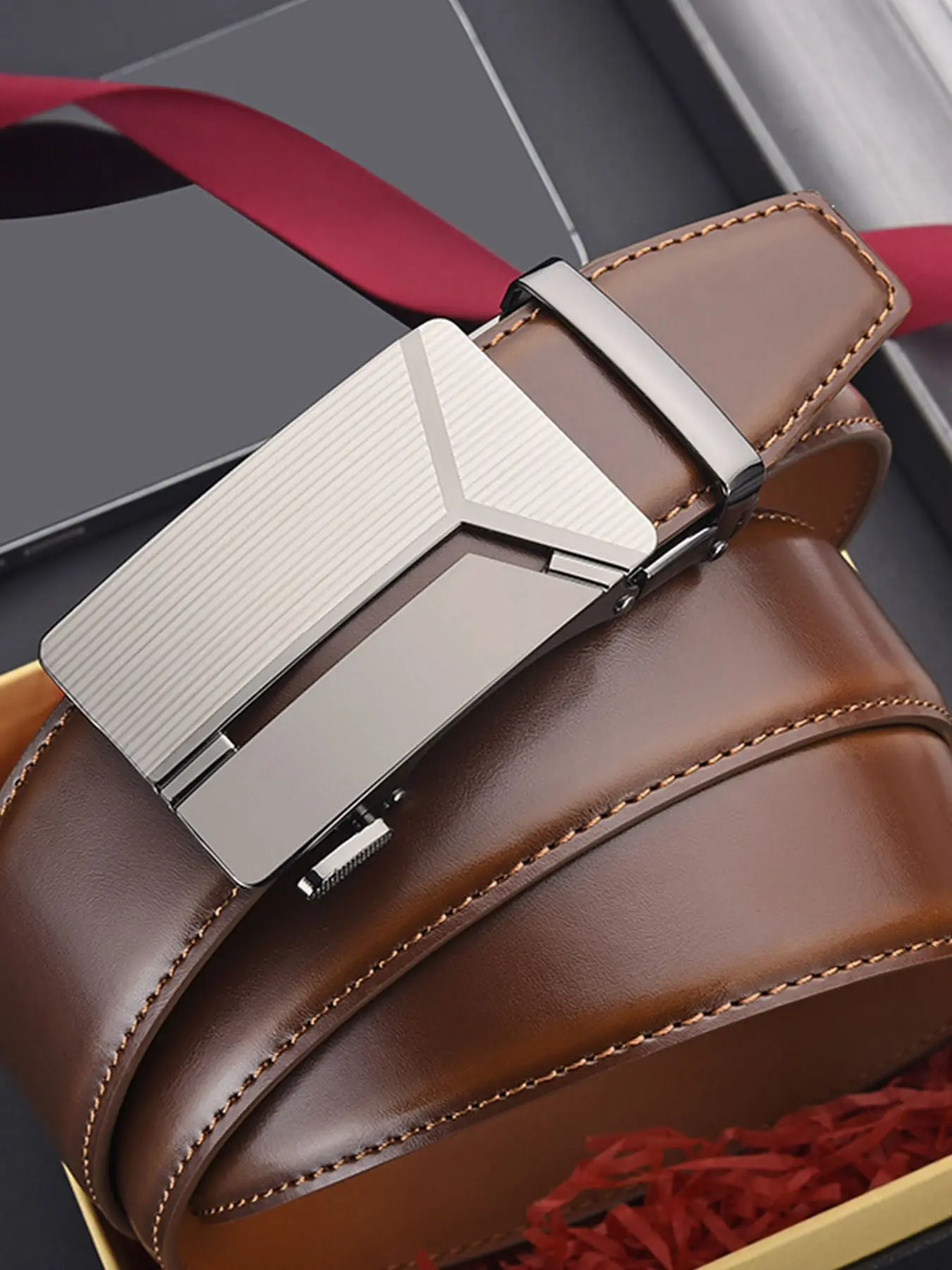 Men's Luxury Automatic Buckle Leather Belt, High-End Business Style, Casual Pants Waistband, Modern Fashion Real Cowhide, Luxe Buckle