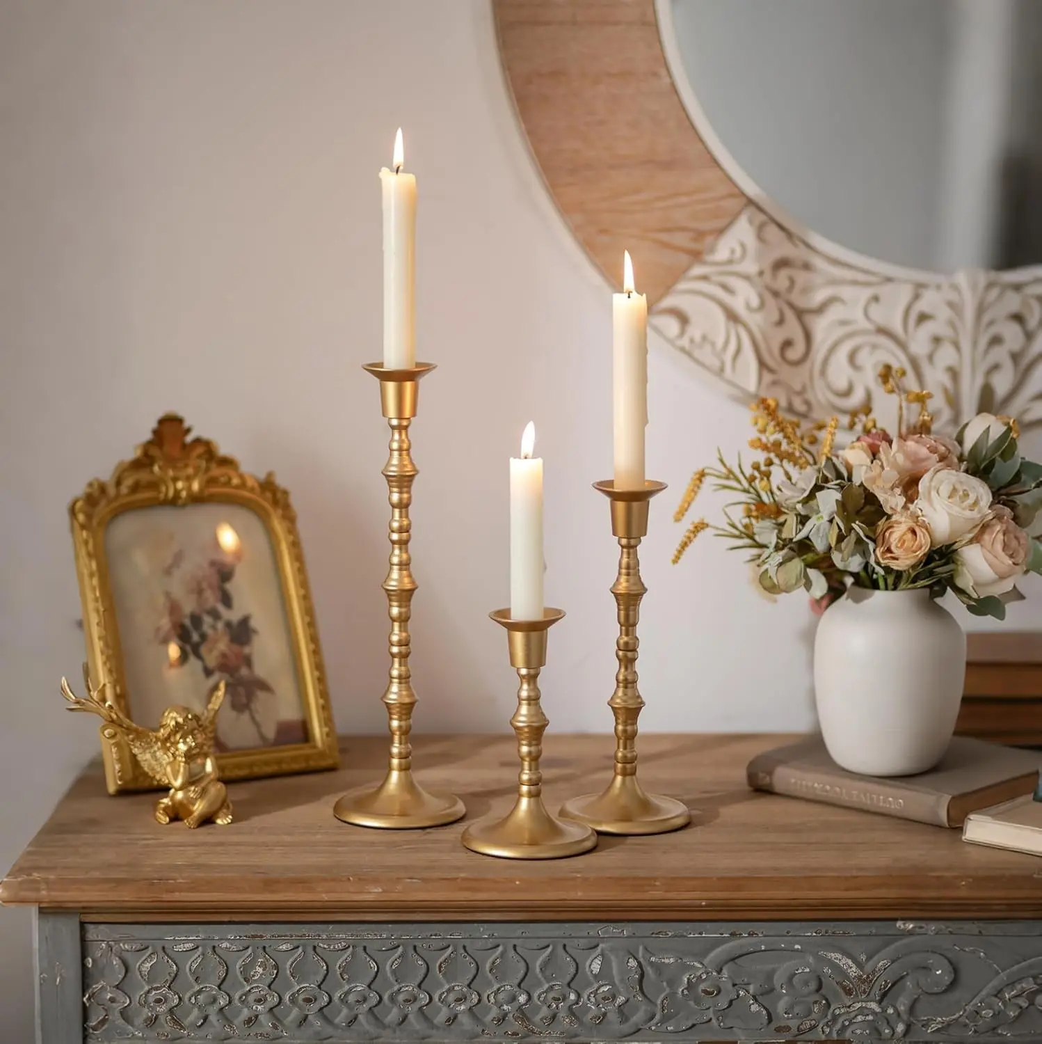 Vintage Gold Brass Taper Candlestick Holders 6"/9"/12" Tall Matte Finish Set of 3 Antique Decor for Dinning Table Mantel Wedding Centerpieces Christmas Party