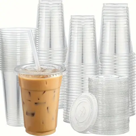 16oz (460ml) clear plastic cups with flat lids, ideal for iced coffee, smoothies, and milkshakes. Durable travel mugs designed for safe use at home or on the go