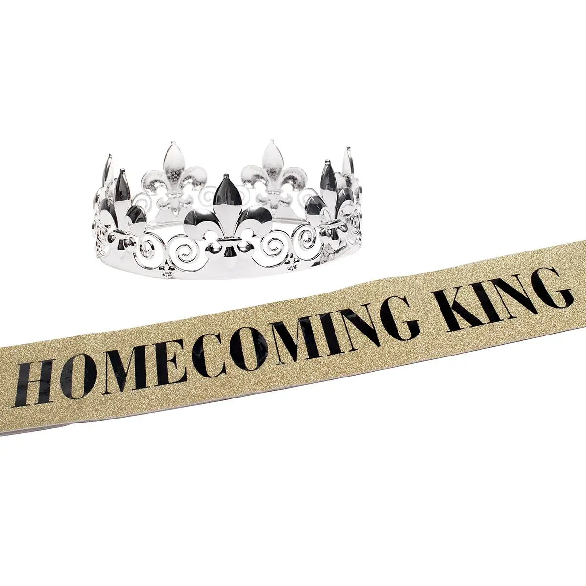 Anderson’s Homecoming King Silver Crown & Gold Glitter Sash Set, 2.25" Silver Fleur-de-Lis Crown & 3" x 72" Glitter Sash with Black Lettering for Homecoming Coronation & Formal Events, 2 Piece Set, School, College, Glitter Decoration Crowns & Tiaras