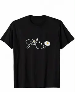 "Smile" Daisy Face Graphic Tee - Playful Floral Emoji Tee with Handwritten Script for a Happy Vibe,Unisex - Personalized Short-Sleeved T-Shirt - Suitable for Travel Wear and Home Leisure.