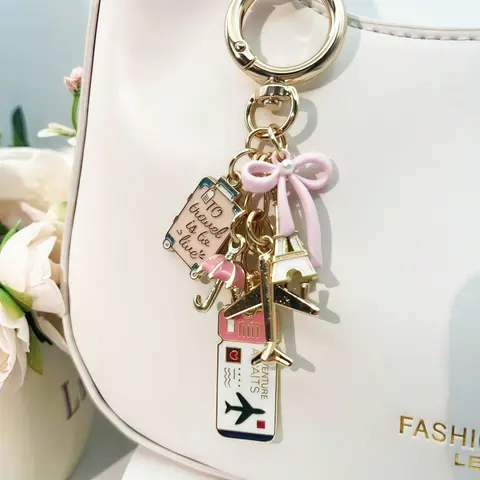 Travel Themed Bag Charm Pendants – Airplane & Eiffel Tower Keychain with Suitcase Charms, Cute Bag Decoration & Bag Chain Charms for Backpack Purse, Ideal for Wanderlust Lovers, Christmas & Thanksgiving Gift for Women