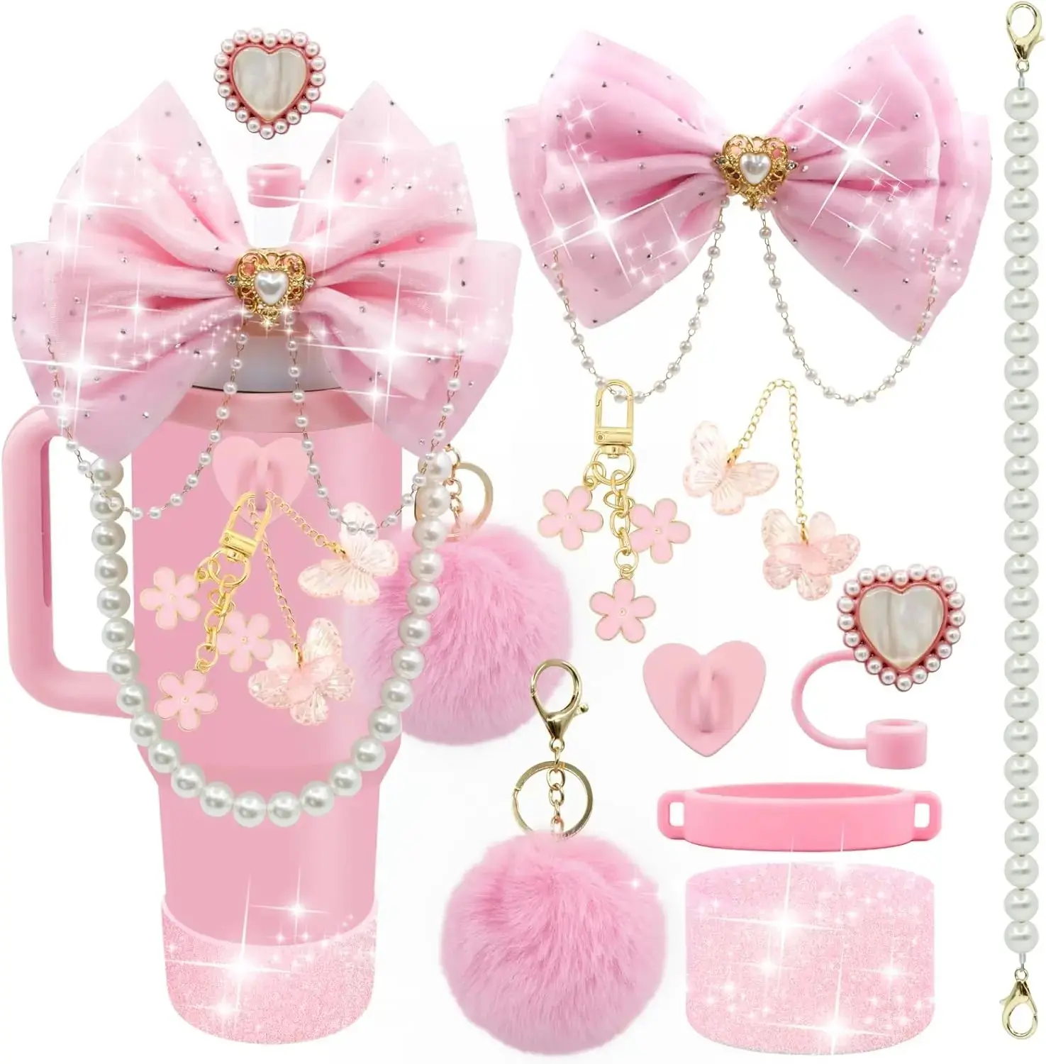 Bling Stanley Cup Accessories for 40/30/20 oz Tumbler with Handle Including Glitter Bow Straw Topper, Heart Straw Cover, Pearl Water Bottle Handle Strap, Boot, Pom-Pom, Keychain Charms(Pink)