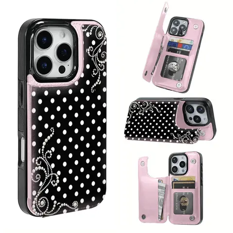 Chic Pearl-Dot Leather Card Holder Smartphone Cover - Premium Protector & Accessory, Compatible with iPhone 11-17 Pro Max/Air, S22-S25, Ideal Holiday Gift for Loved Ones