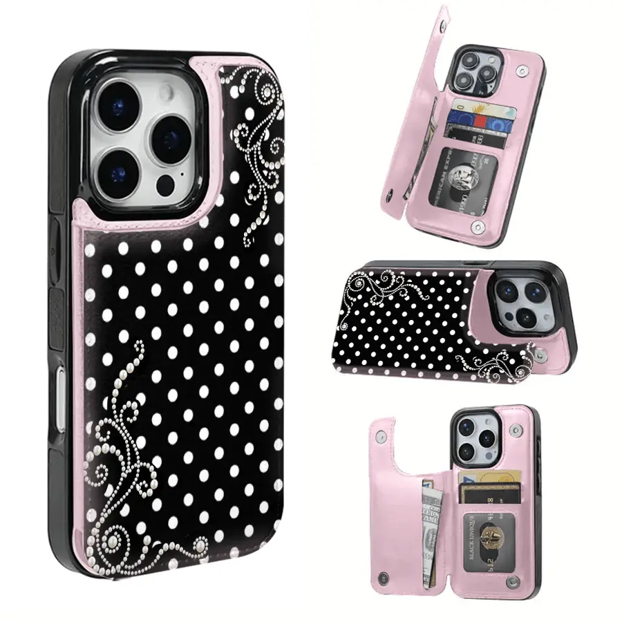 Pearl Polka Dot Dream Patterned Card Holder Leather Case Is Compatible With IPhone 17 Pro Max/Air/16/15/14/13/12/11.For Samsung S22/S23/S24/25. It's An Ideal Gift For Christmas, Valentine's Day, And New Year's, Perfect For Boyfriends, Gir,Delight,Silicone