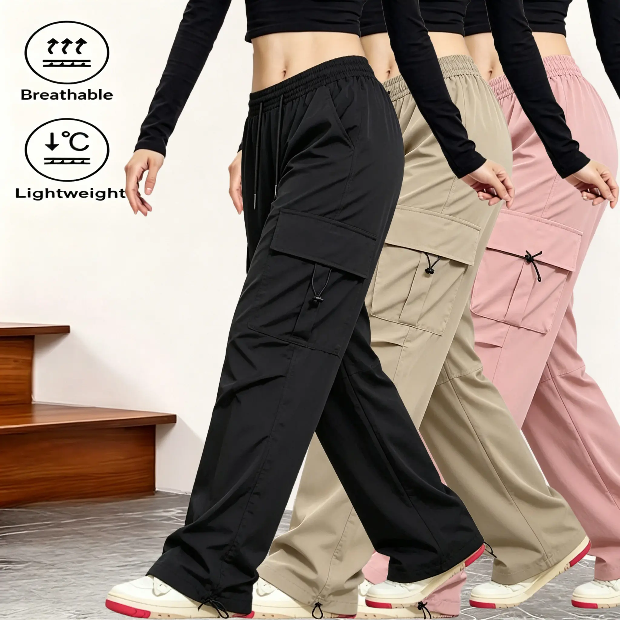 AIbart Women's Cargo Pants - Baggy, Breathable, Lightweight Loose-Fit Bottoms for Lady's Casual Everyday Style, Comfy Women's Clothes Trousers, Comfy Pants, Knitting, 1 Piece, Pink, No, Work