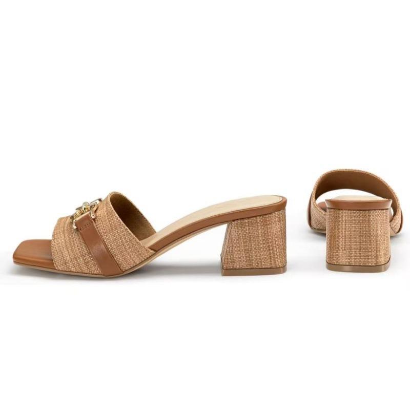 Women's Raffia Heeled Sandals Square Open Toe Slip On Mules Chunky Block Heels with Metal Chain for Summer Vacation