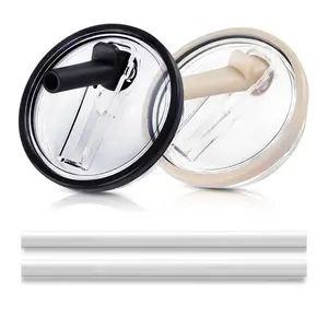 40 oz Tumbler Flip Straw Lid for Stanley lid replacement Compatible with Stanley Cups Quencher, 2 pcs leak proof lid cover for Stanley cup with 2 straws included CREAM & BLACK