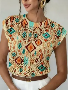 Spring Summer Elegant Women's Colorblock Geometric Print Round Neck Sweater, Knitwear, Casual Loose-Fitting Knit Top, Breathable Daily Wear