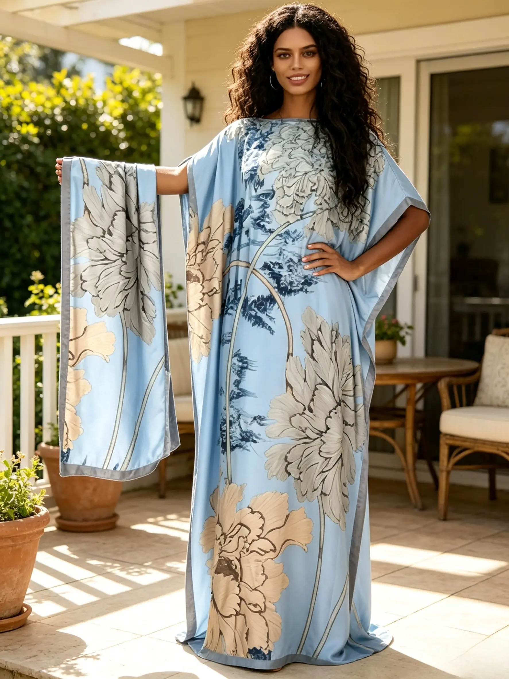 Elegant Boho Floral Print Long Dress Set, Blue Color Block, Boat Neck, Summer & Daily Wear, Two-Piece