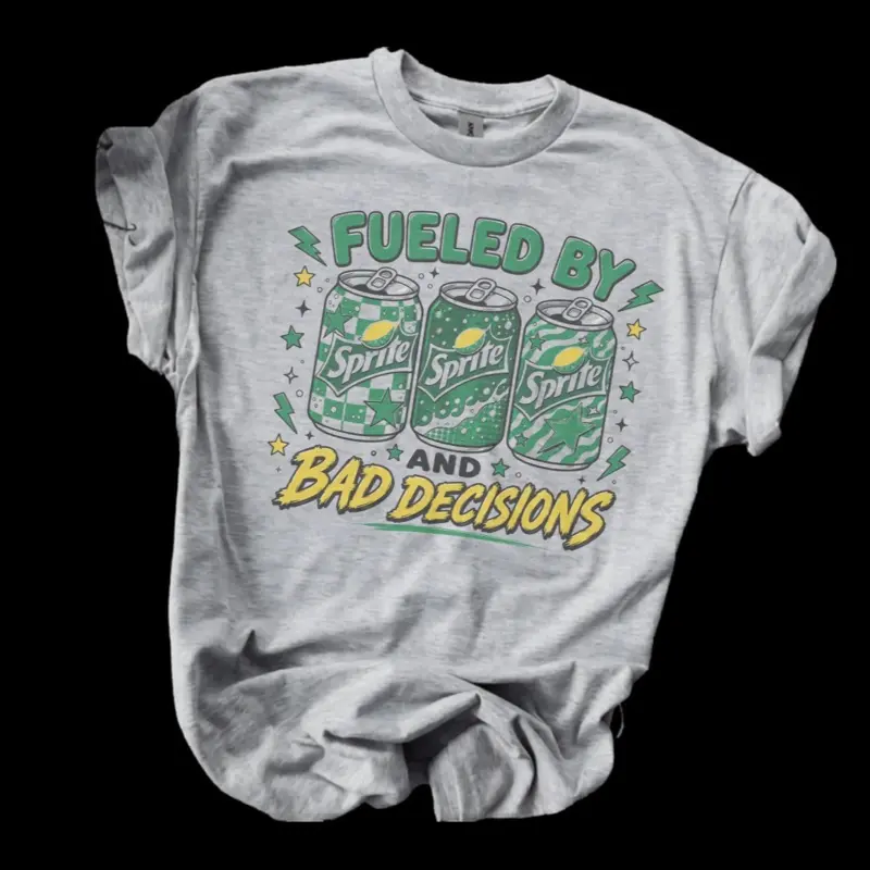Fueled By Sprite And Bad Decisions Bleached Shirt Comfy Unisex Jersey Top Casual Vintage Style Short Sleeve Crew Neck Medium Length