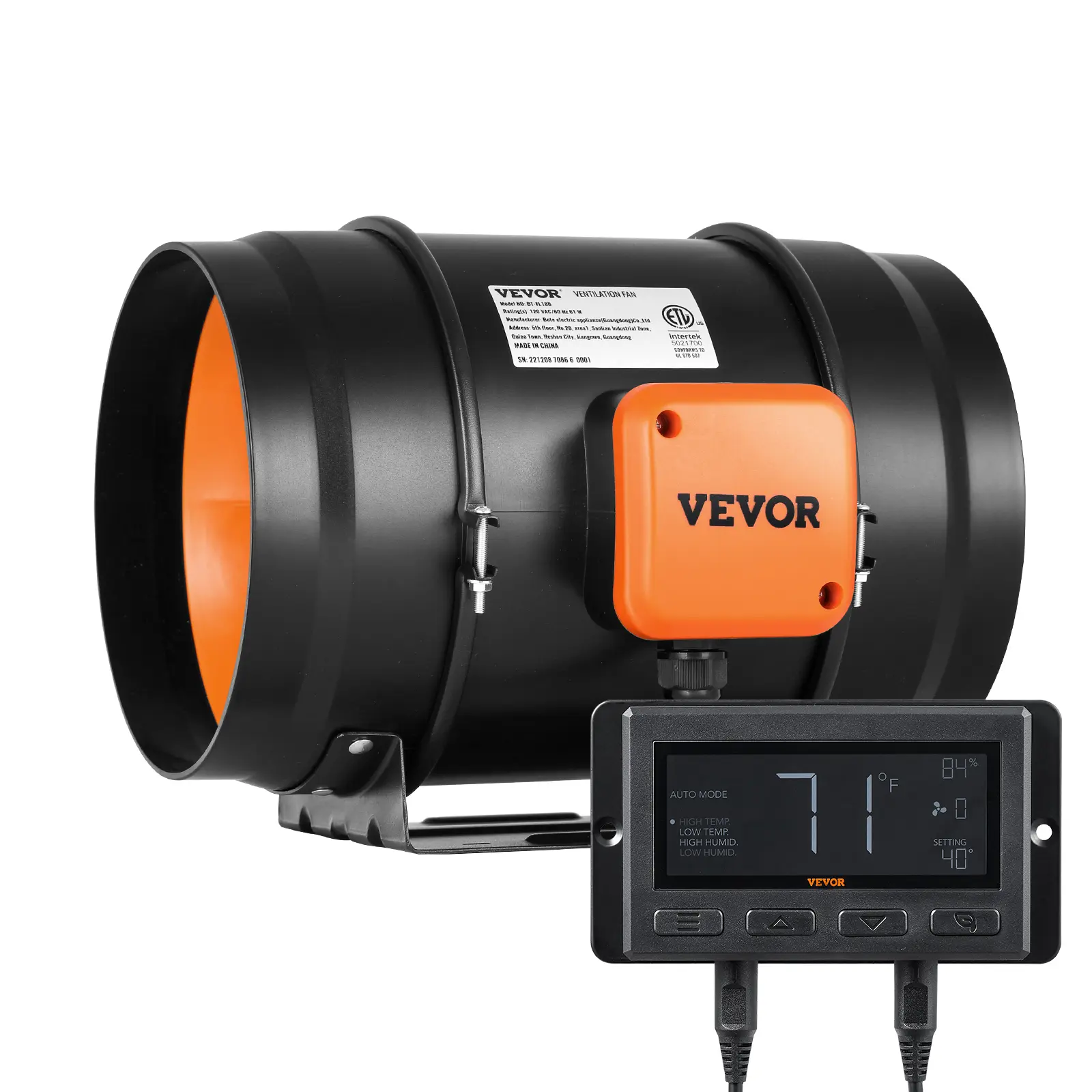 【summerfinds】VEVOR 8-Inch Inline Duct Fan, 807 CFM Quiet EC-Motor Ventilation Exhaust Fan with Temperature-Humidity Controller, Automatic Cooling Booster for Hydroponic Planting Rooms, Electronic Equipment Rooms