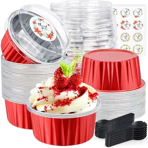 30Pcs Christmas Mini Cake Pans with Lids Aluminum Foil, Disposable Mini Baking Pan with Lids Spoons, Round Small Loaf Containers Cake Tins Cheesecake Containers for Party Red