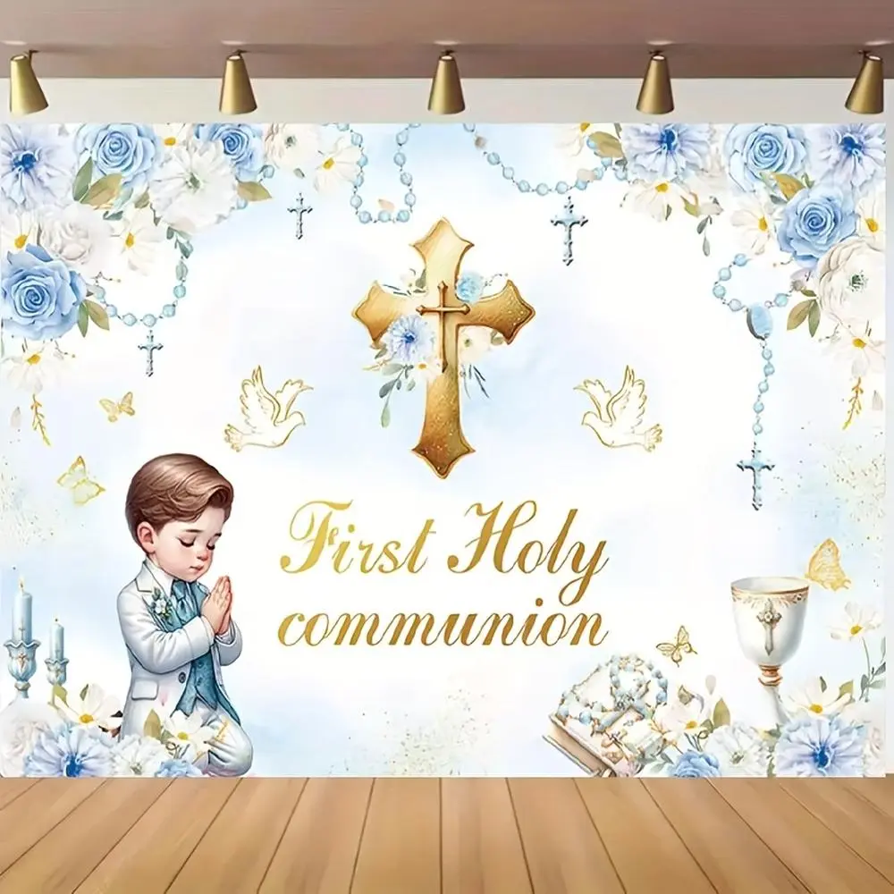 2D Flat Blue Floral Polyester Backdrop - First Holy Communion/Baptism Banner with Golden Cross, Roses, Doves, Chalice, Flower, for Photo Shoots, Birthday Decor, Home Wall Flags, Wall Decor Flags, Flat Print