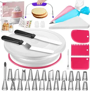 65 count Cake Decorating Kit with Cake Stand Turntable, Cake Baking Supplies 30+1 Piping Bags, 24 Piping Tips, Offset & Straight Spatulas, 3 Scrapers, Leveler, 2 Couplers & 1 Tips Brush