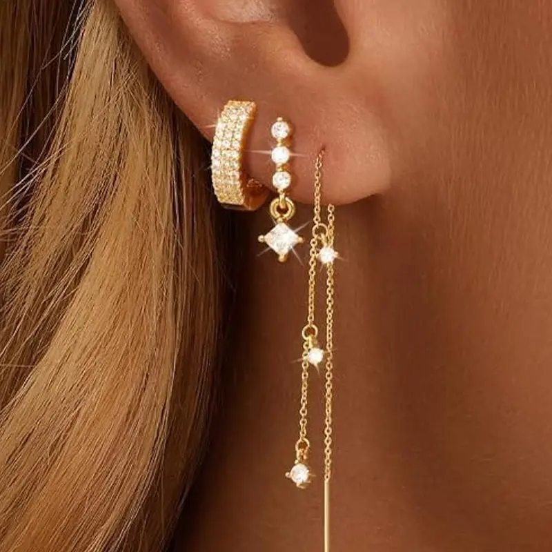 14K Gold Plated Chain Earrings for Women Fashion Earring 3/4 Pairs Dangle Dainty Stack Hoop Earrings Set Earring Stacks Trendy Cubic Zirconia Stud Earrings for Women Jewelry CZ Earrings
