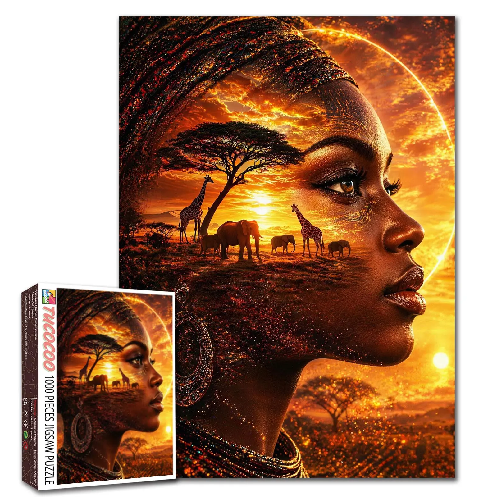 Tucocoo 1000 Pieces Jigsaw Puzzle - African Sunset Safari Animals Giraffe Elephant Savanna Silhouette Blended Portrait Art, Puzzles for Adults, Cognitive Development Indoor Fun Game Wall Decor Gift (27.5x20in/70x50cm)