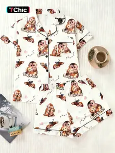 Women's Cartoon Monkey Print Sleepwear Set, Soft Smooth Fabric, Comfortable Loose Fit, Casual Short Sleeve Top and Shorts, All Seasons, Pajama Set