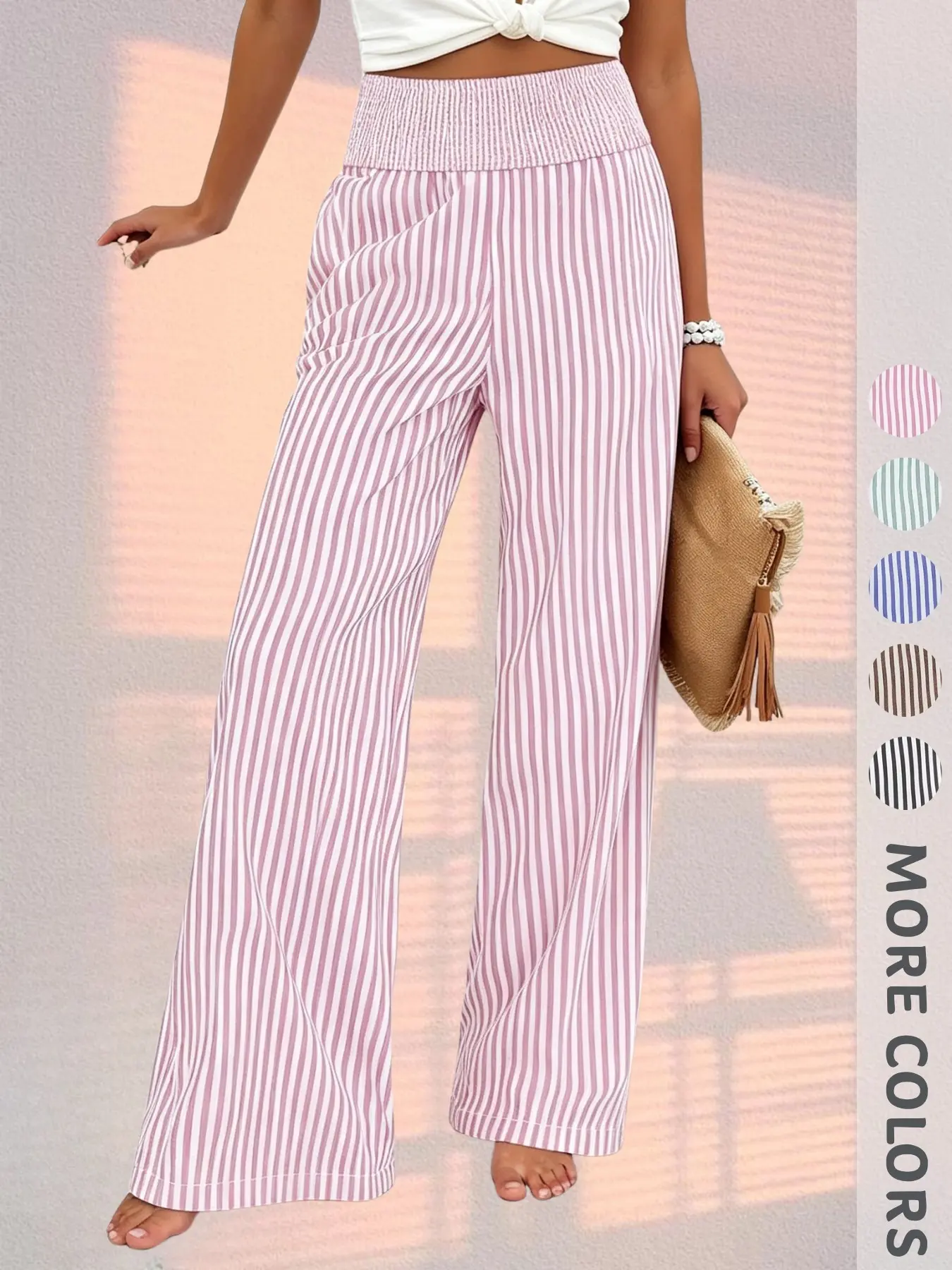 New Women's High-Waisted Long Pants, Striped Print, Elastic Waist, Pocket Design, Elegant Casual Chic Style, All Seasons, Loose-Fitting, Baggy, Oversized