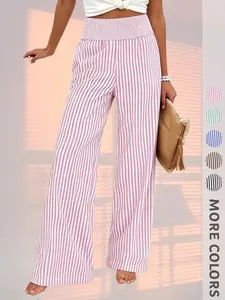 New Women's High-Waisted Long Pants, Striped Print, Elastic Waist, Pocket Design, Elegant Casual Chic Style, All Seasons, Loose-Fitting