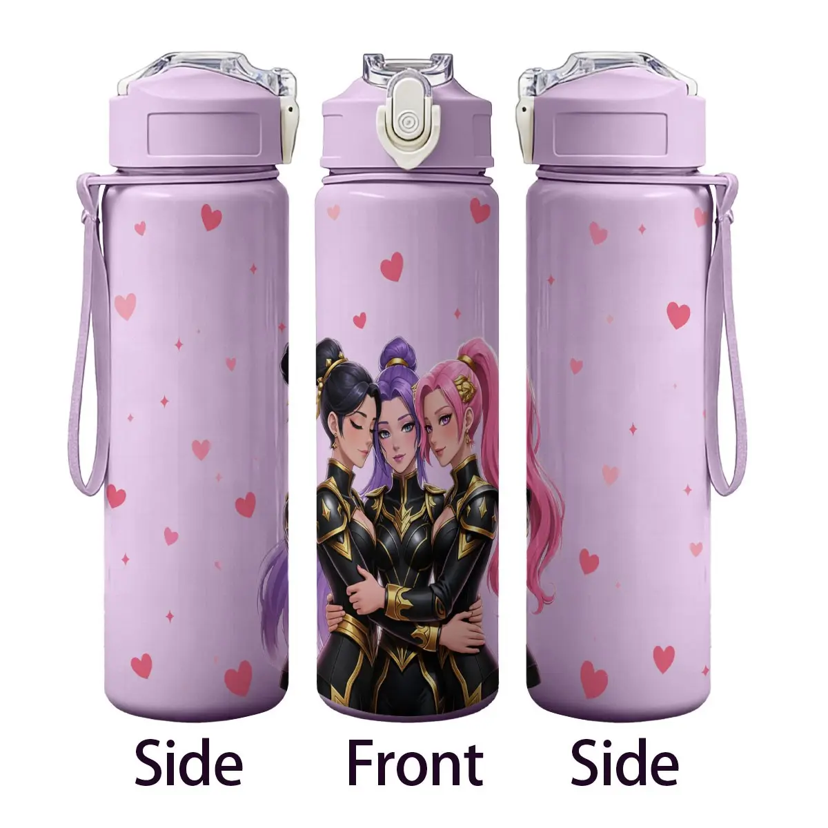 750ML Water Bottle, Lol Girl Group Anime Plastic Cup, Heart Print, Cold & Hot Use, Large Capacity, Straw Lid, Portable for Gamers, Students, Office Workers, Drinkware