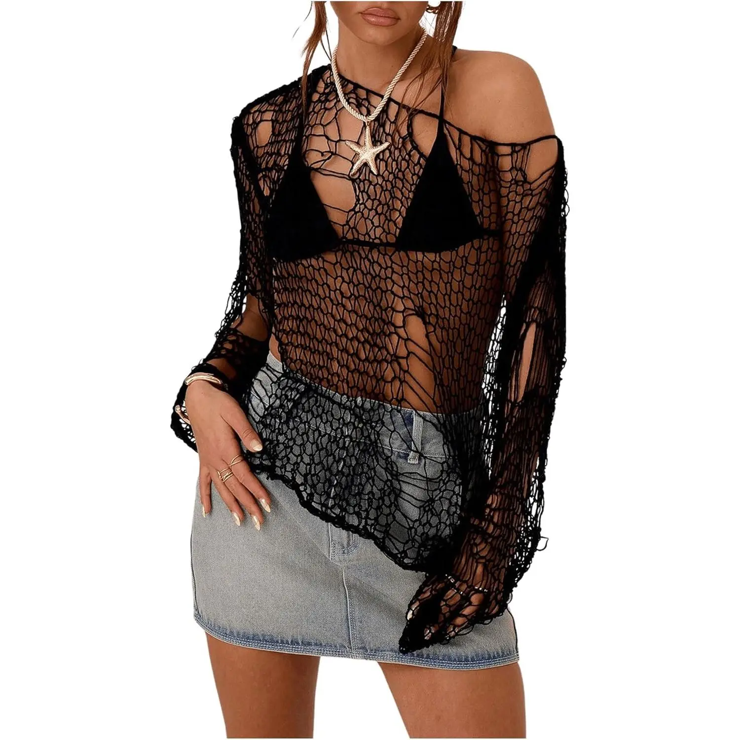 Women's Long Sleeve Sheer Hollow-Out Off-Shoulder Distressed Grunge Punk Sexy Knit Top, Backless Swimwear Beach Cover Up, Swimwear Cover Up, Backless Cover Up