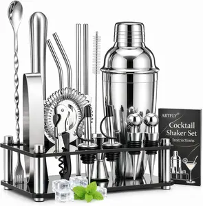 18pc 24oz 18/8 Stainless Steel Classic Cocktail Shaker Set, Bartender Kit with Acrylic Organizer Storage Stand, Martini Shaker, Jigger, Muddler, Spoon, Utensils & Reusable Recipe Book for Home Bar