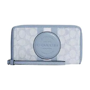 COACH Dempsey 18 Signature Jacquard Pebbled Leather Chambray Phone Bag Wallet Cardholder for Women, Small Size, Silver and Marble Blue Muted Tone