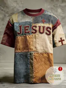 Men's Vintage Patchwork Pattern T-Shirt, Vibrant Colors, Comfortable Fit, Jesus Cross Faith Design, Round Neck, Daily Wear
